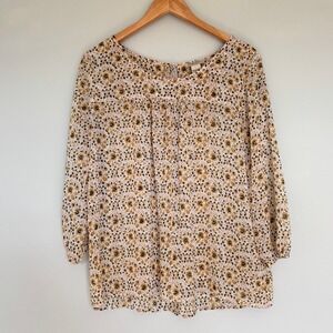 Lucky Brand Floral Print Blouse 3/4 length Sleeve Boho Hippie Yellow Women Large